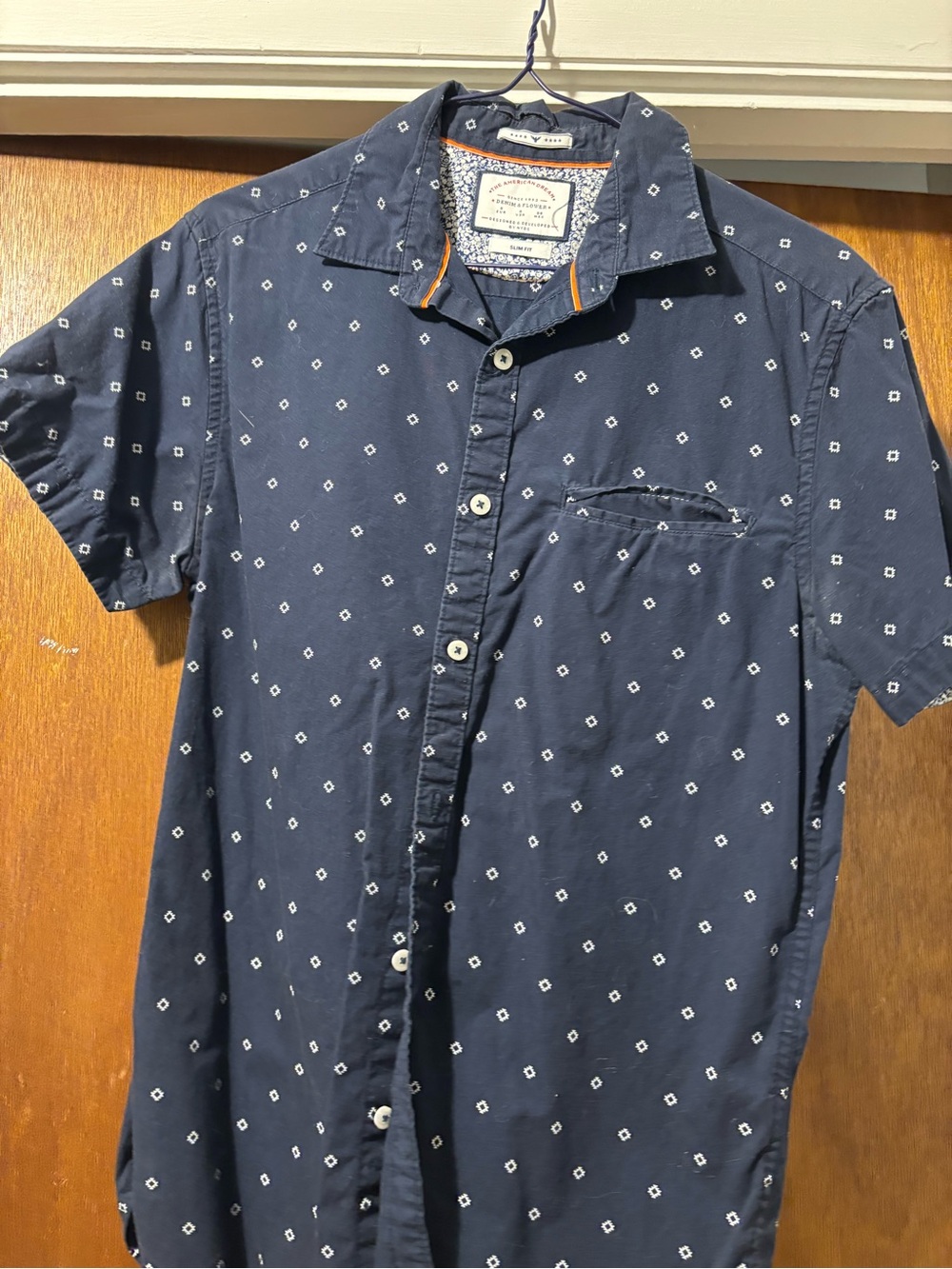 American Dream Navy Short-Sleeve Button-Down Shirt with White Micro Print